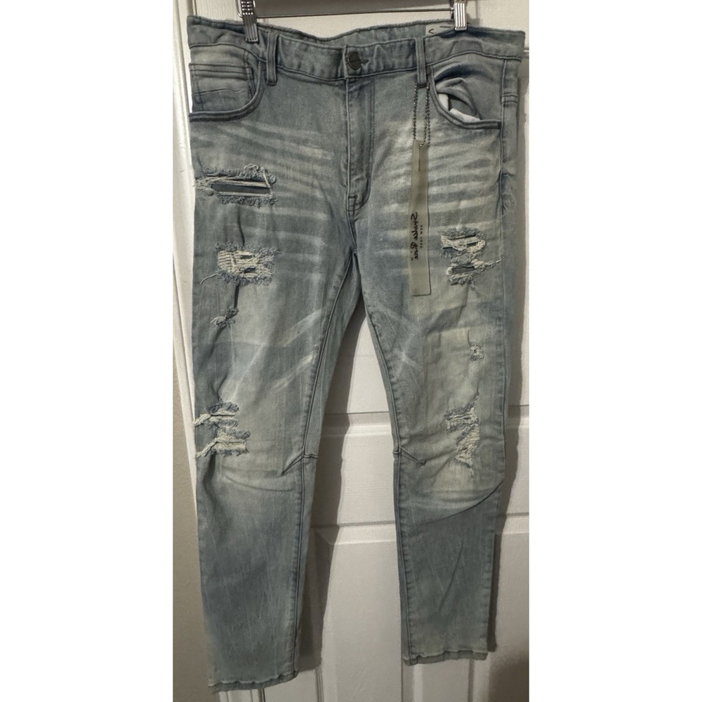 Smoke Rise Distressed Jeans Light Wash Slim Fit Y2K Grunge Streetwear  36x32
